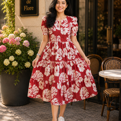 Red Floral Rayon Dress with Square Neck & Half Sleeves