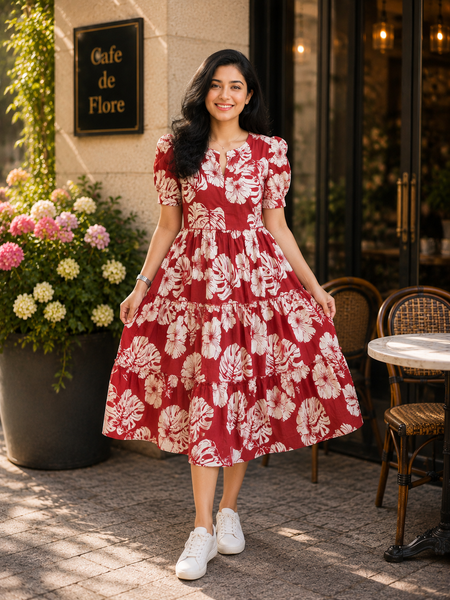 Red Floral Rayon Dress with Square Neck & Half Sleeves