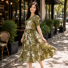 Women’s Olive Green Floral Printed Rayon Dress
