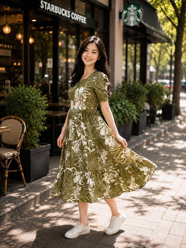 Women’s Olive Green Floral Printed Rayon Dress