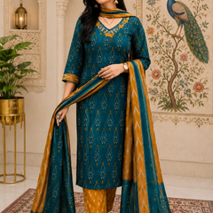 Green Floral Printed Cotton Kurta Pant & Dupatta Suit Set