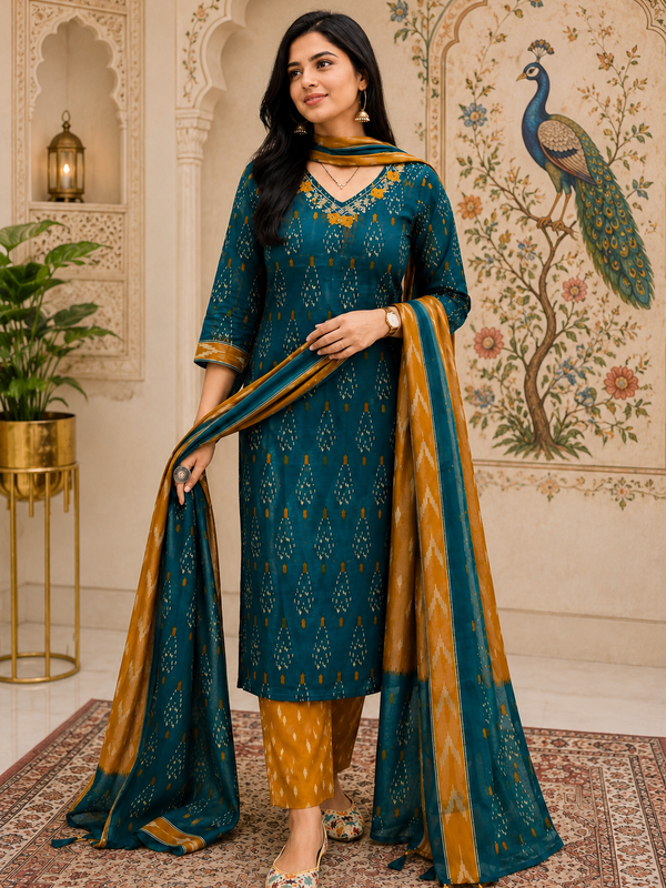 Green Floral Printed Cotton Kurta Pant & Dupatta Suit Set