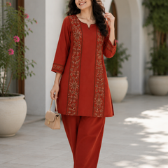 Women’s Rust Red Cotton Floral Embroidered Co-Ord Set with Pants