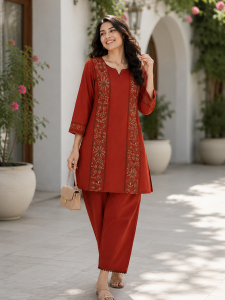 Women’s Rust Red Cotton Floral Embroidered Co-Ord Set with Pants