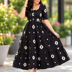 Black Floral Rayon Dress with Square Neck & Half Sleeves