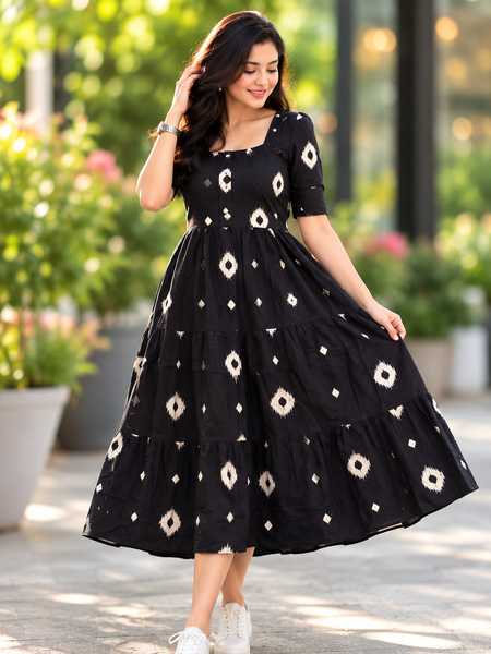 Black Floral Rayon Dress with Square Neck & Half Sleeves