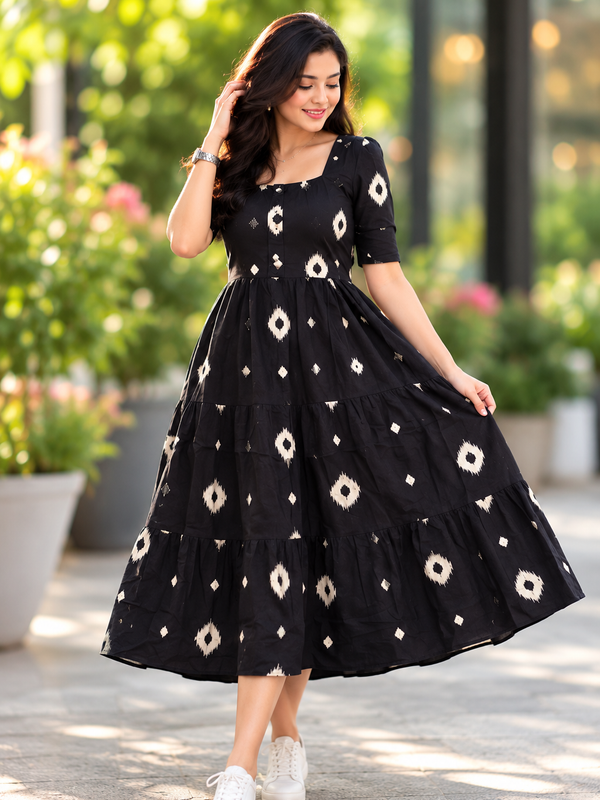 Black Floral Rayon Dress with Square Neck & Half Sleeves
