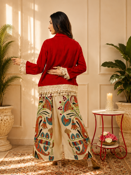 Red Cotton Slub Lace Co-Ord Set with Palazzo Pant