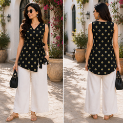Women’s Black Rayon Floral Print Sleeveless Short Kurti