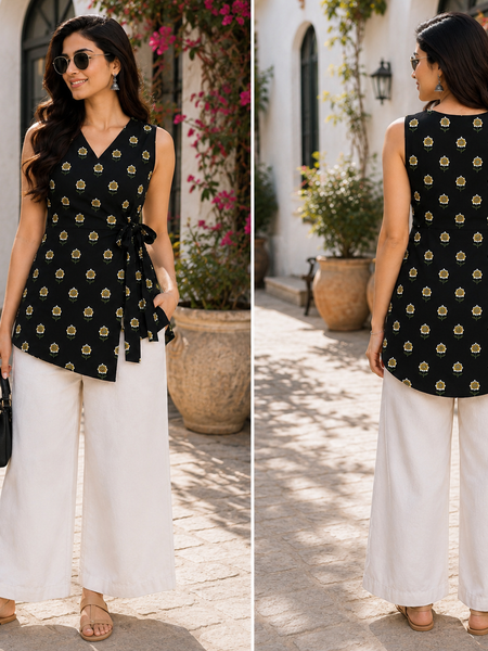 Women’s Black Rayon Floral Print Sleeveless Short Kurti