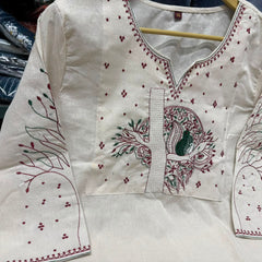 Beige Floral Embroidered Cotton Kurta & Pant Set for Women