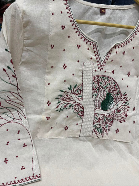 Beige Floral Embroidered Cotton Kurta & Pant Set for Women