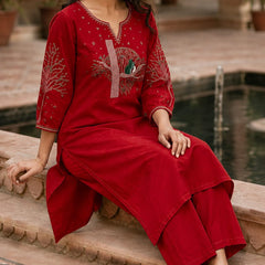 Red Floral Embroidered Cotton Kurta & Pant Set for Women
