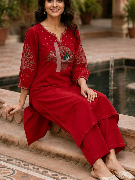 Red Floral Embroidered Cotton Kurta & Pant Set for Women