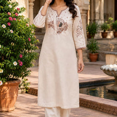 Beige Floral Embroidered Cotton Kurta & Pant Set for Women