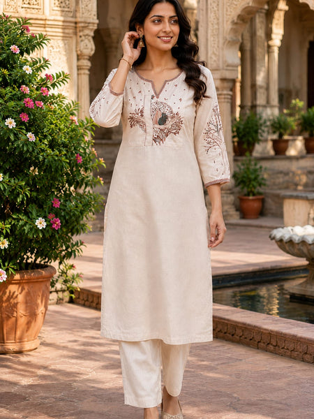 Beige Floral Embroidered Cotton Kurta & Pant Set for Women