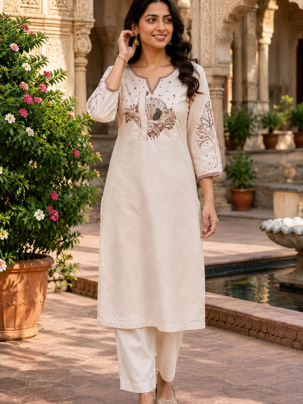 Beige Floral Embroidered Cotton Kurta & Pant Set for Women