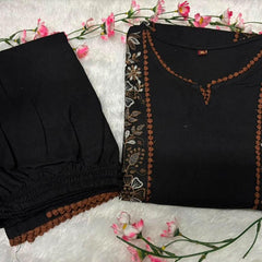 Women’s Black Cotton Floral Embroidered Co-Ord Set with Pants