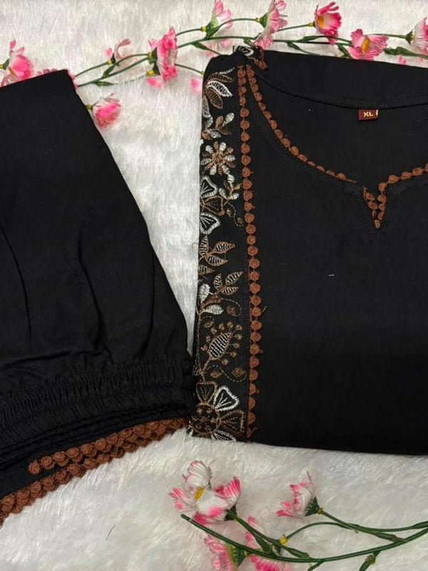 Women’s Black Cotton Floral Embroidered Co-Ord Set with Pants