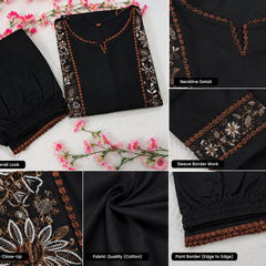 Women’s Black Cotton Floral Embroidered Co-Ord Set with Pants
