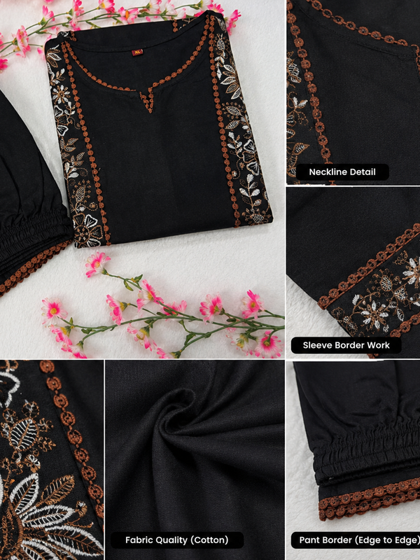 Women’s Black Cotton Floral Embroidered Co-Ord Set with Pants
