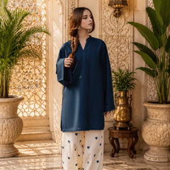 Blue Azreen Women Cotton Blend Kurti Palazzo Set
