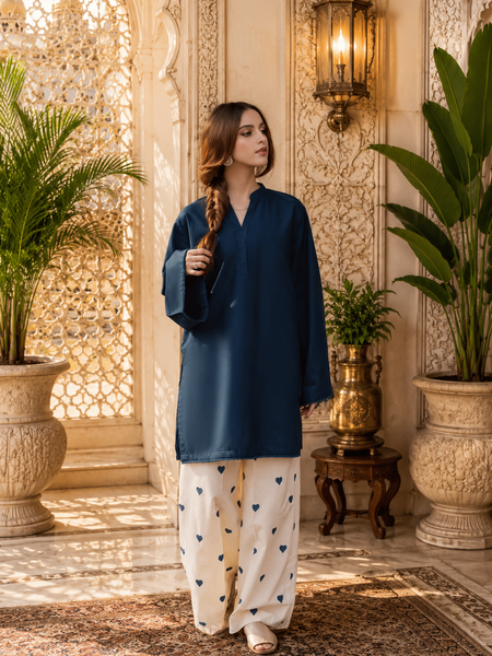 Blue Azreen Women Cotton Blend Kurti Palazzo Set