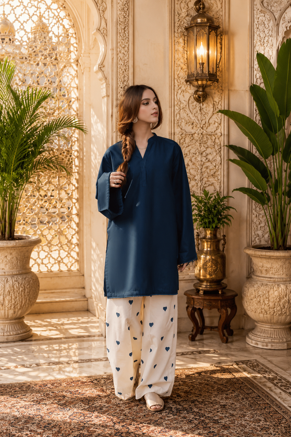 Blue Azreen Women Cotton Blend Kurti Palazzo Set
