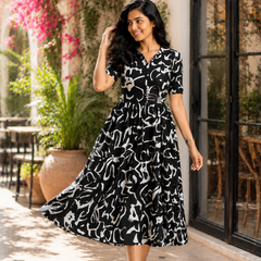 Elegant Black Abstract Printed Rayon Dress