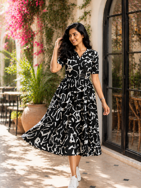 Elegant Black Abstract Printed Rayon Dress