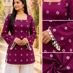 Pink Floral Cotton A-line Kurti for Women