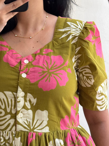 Elegant Olive Green Floral Dress for Women