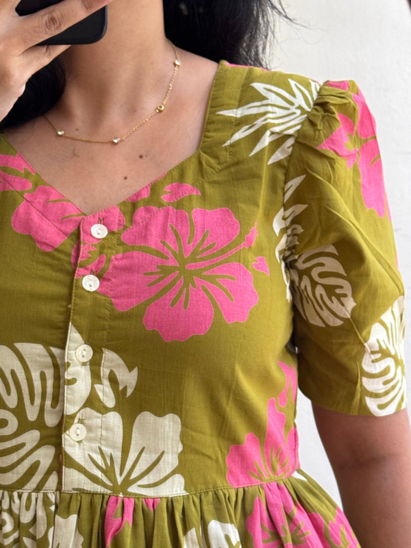 Elegant Olive Green Floral Dress for Women