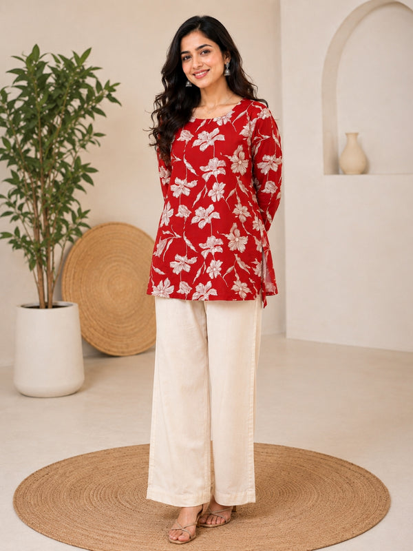 Pink Floral Printed Rayon Kurti for Women