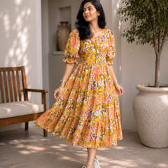 Elegant Mustard Floral Rayon Dress for Women