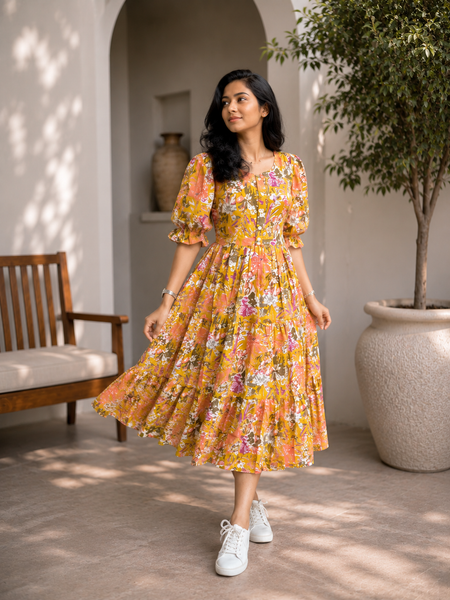 Elegant Mustard Floral Rayon Dress for Women