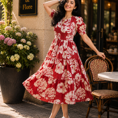Red Floral Rayon Dress with Square Neck & Half Sleeves
