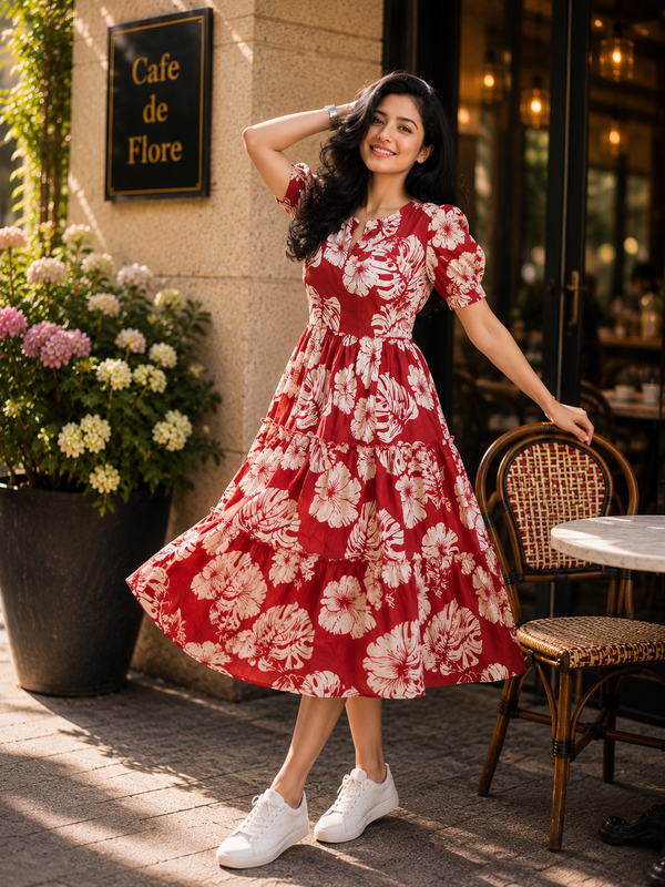 Red Floral Rayon Dress with Square Neck & Half Sleeves