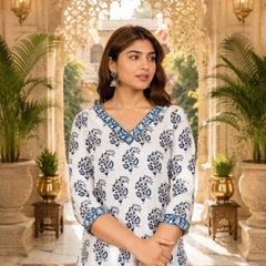 Women’s White & Blue Floral Cotton Short Kurti – V-Neck