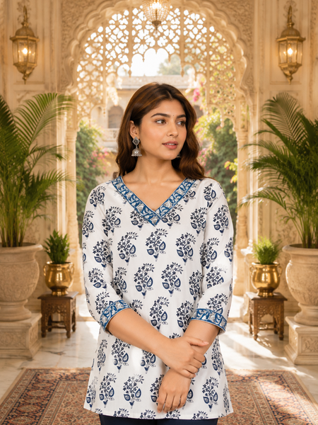 Women’s White & Blue Floral Cotton Short Kurti – V-Neck