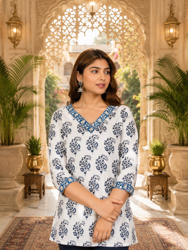 Women’s White & Blue Floral Cotton Short Kurti – V-Neck