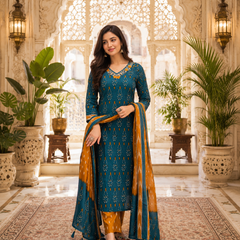 Green Floral Printed Cotton Kurta Pant & Dupatta Suit Set