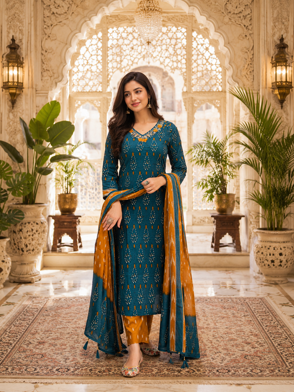Green Floral Printed Cotton Kurta Pant & Dupatta Suit Set