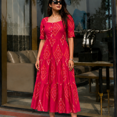 Pink Bandhani Print Rayon Midi Dress for Women