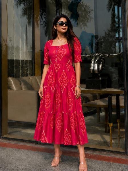 Pink Bandhani Print Rayon Midi Dress for Women