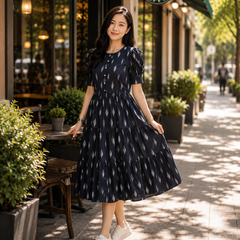 Black Ikat Rayon Dress with Square Neck & Half Sleeves