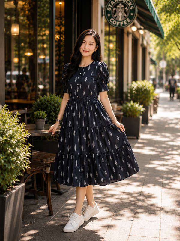Black Ikat Rayon Dress with Square Neck & Half Sleeves