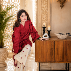 Red Azreen Women Cotton Blend Kurti Palazzo Set