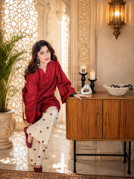 Red Azreen Women Cotton Blend Kurti Palazzo Set