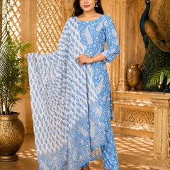 Sky Blue Printed Cotton Rayon Suit Set for Women